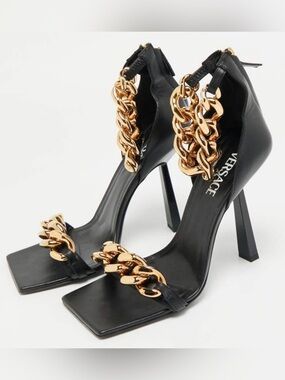 Authentic New Versace Black Leather Stiletto Sandals with Chunky Gold Chain